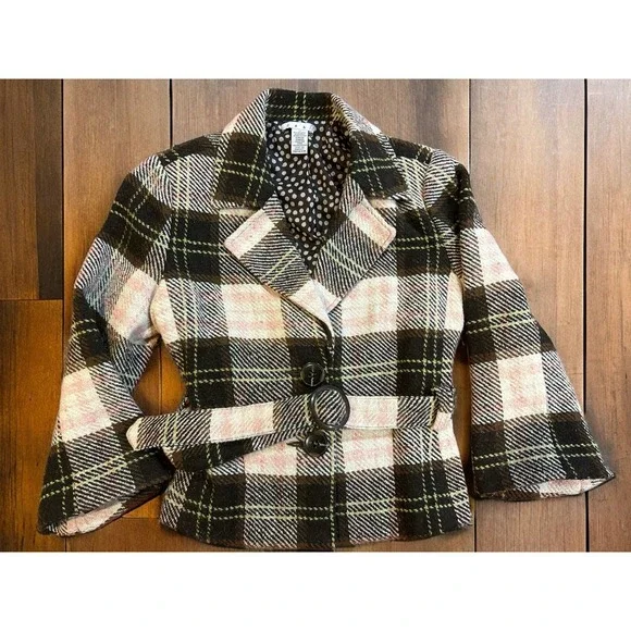 Women’s Cabi Jacket Light Pink Brown Plaid Coat Button Up Collared Wool Belt 12 - Picture 1 of 5